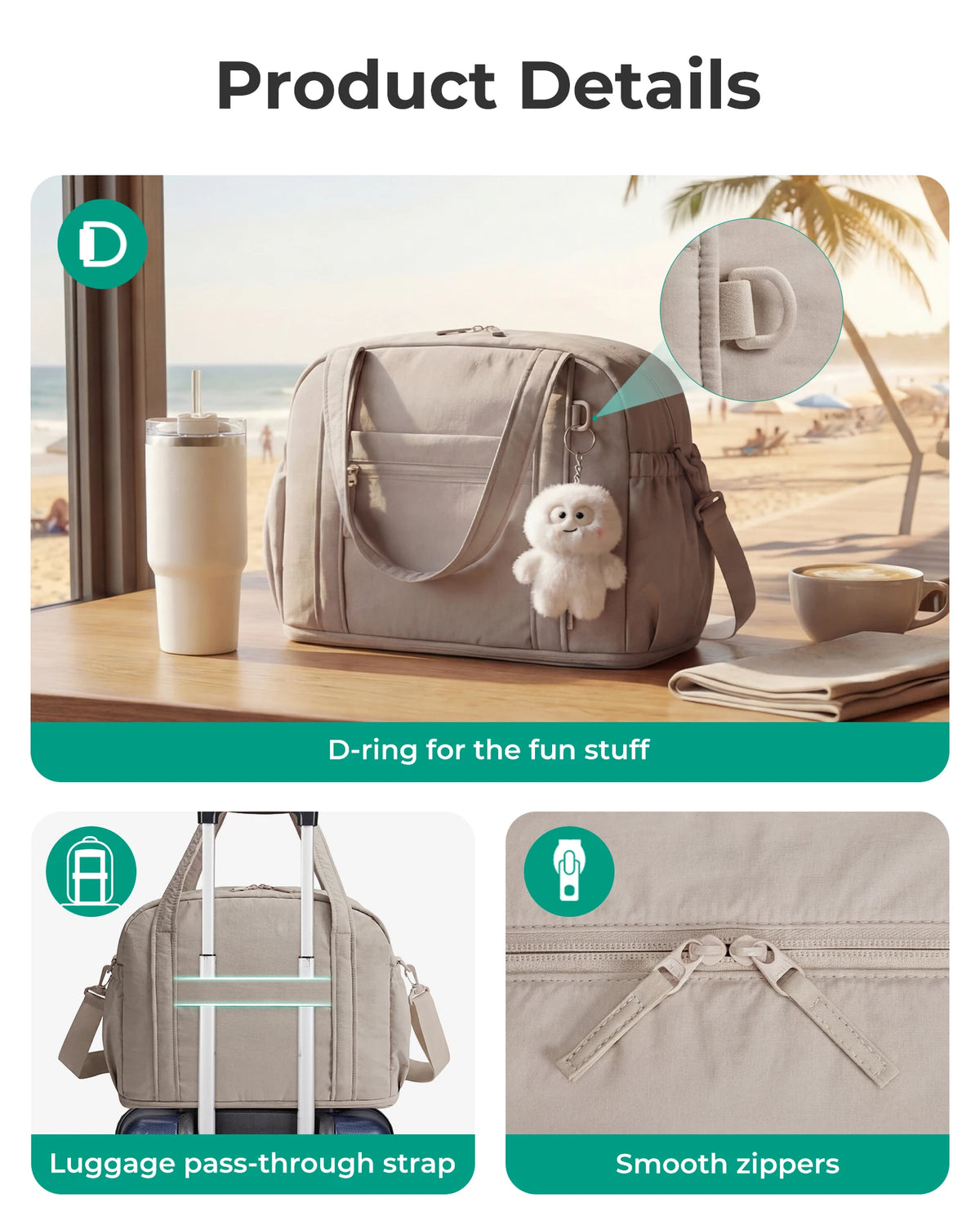 A beige expandable lightweight travel duffle bag with a D-ring and smooth zippers shown on a wooden surface.