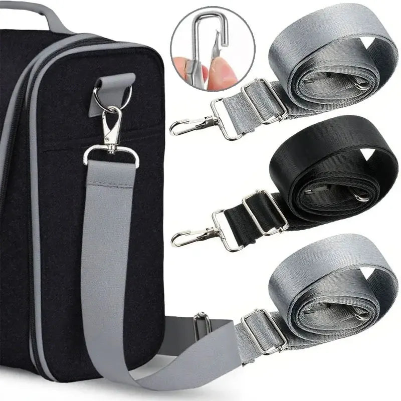 Adjustable wide strap for bags and cameras shown with a black backpack and various strap configurations.