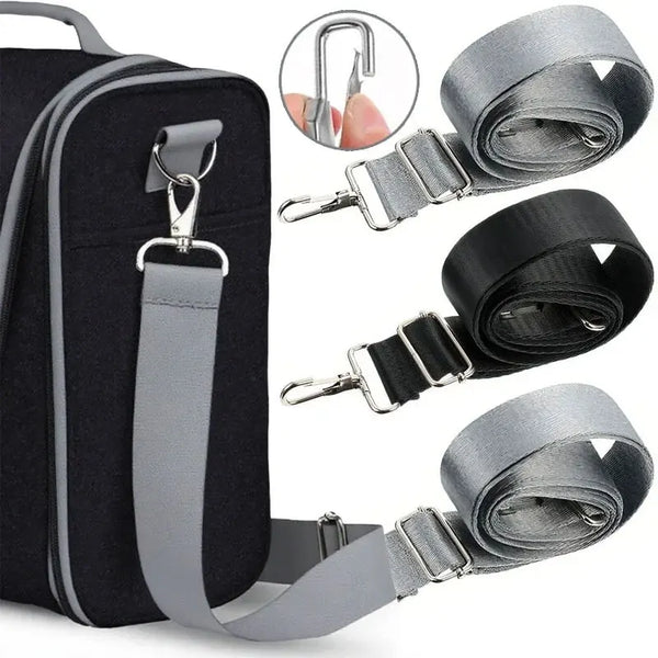 Adjustable wide strap for bags and cameras shown with a black backpack and various strap configurations.