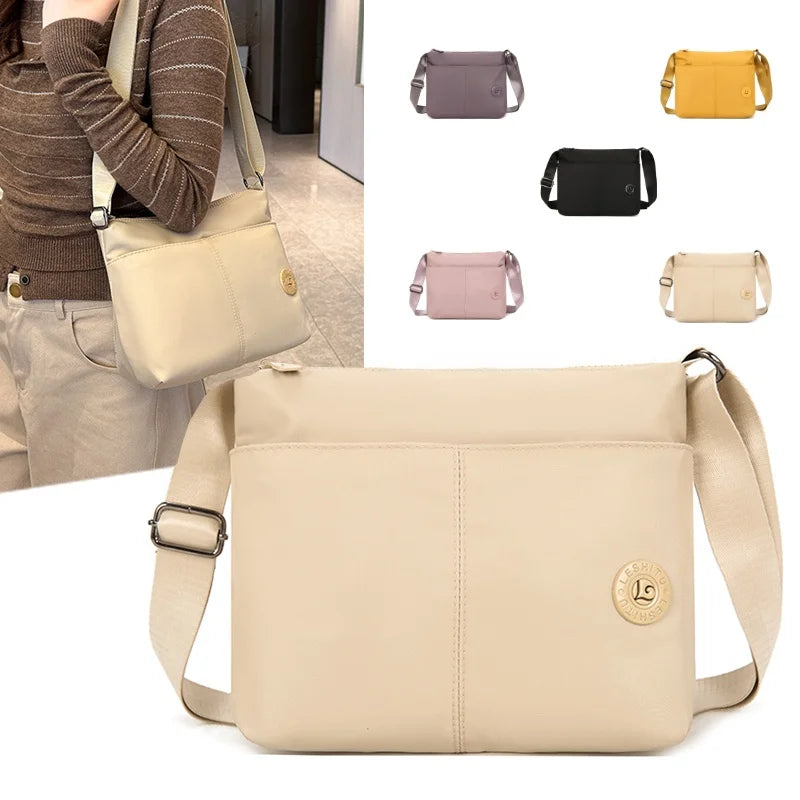A collection of beige and pink waterproof nylon crossbody bags shown in various colors and angles.