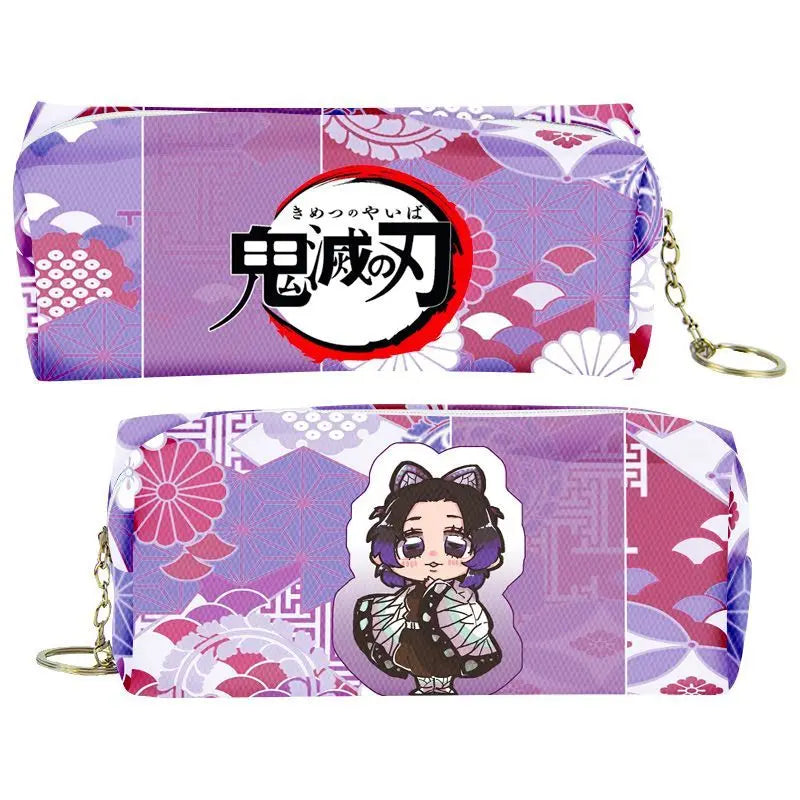 Purple and pink Demon Slayer themed PU leather pencil case with a zipper and a character design