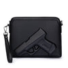 Black men's embossed crossbody clutch bag with a leather strap detail.