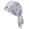 White bandana style sports headband with black floral and paisley print