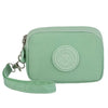 A light mint green compact three-layer nylon zipper pouch with a circular logo on the front and a matching strap.