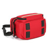 A red durable waterproof emergency trauma bag with black straps and a gold trim.