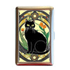 A vintage metal card holder featuring a black cat silhouette design on a gold and black background.