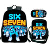 A black backpack and two separate black pouches featuring the Six Seven logo in blue and orange colors.