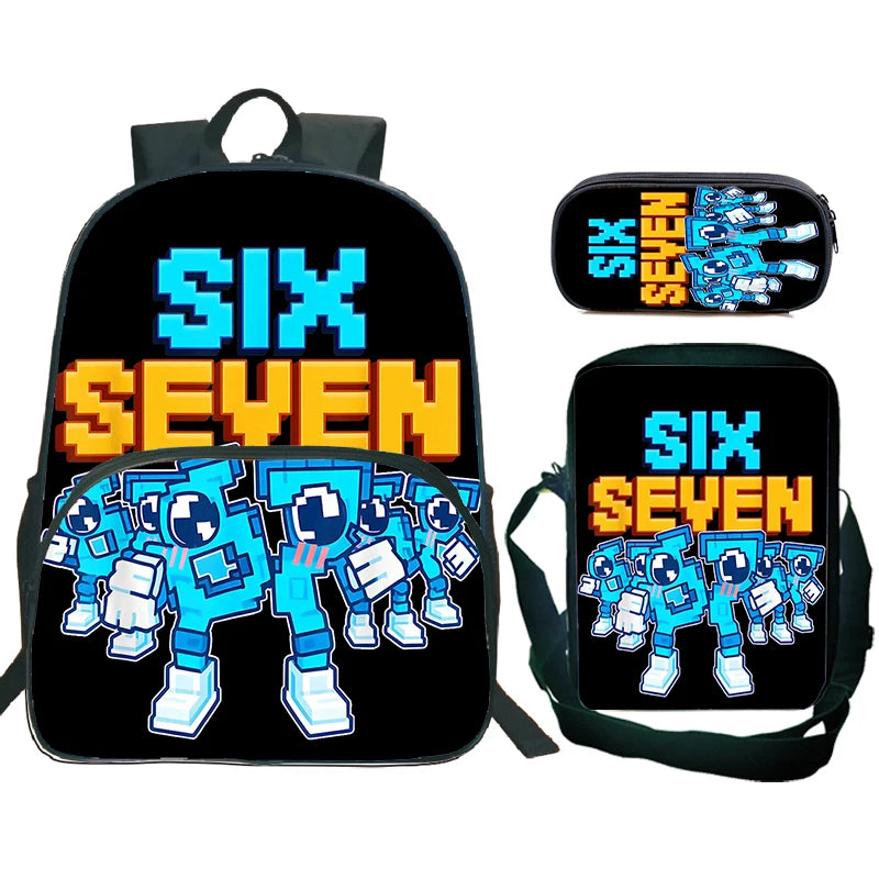A black backpack and two separate black pouches featuring the Six Seven logo in blue and orange colors.
