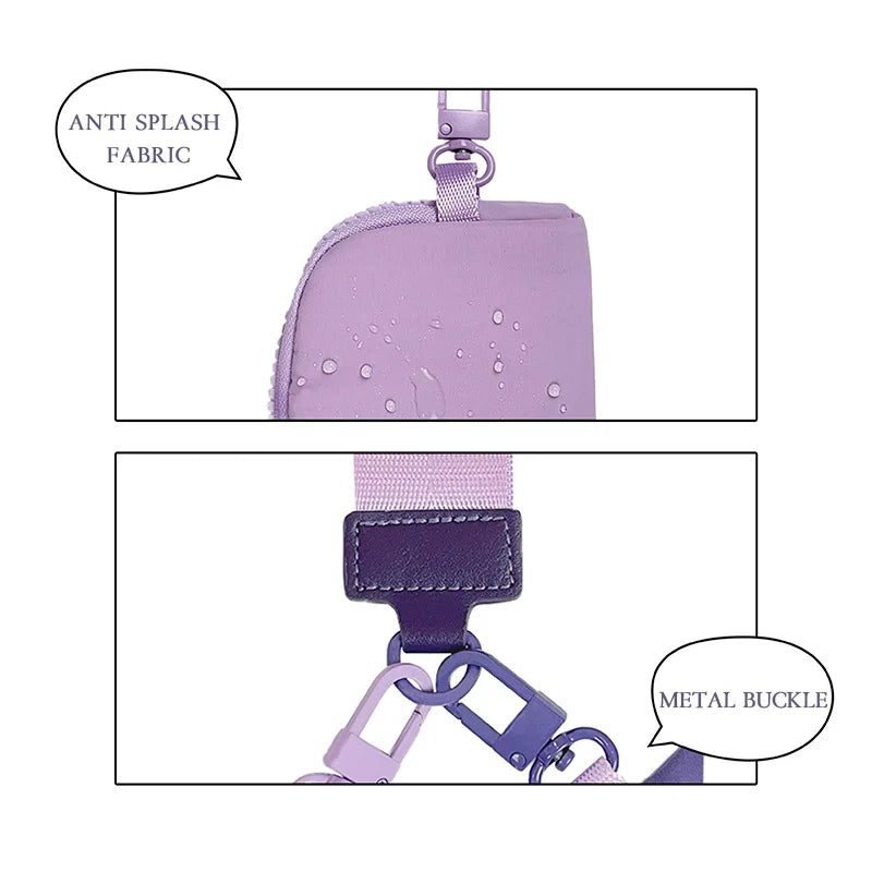 A purple nylon zipper wristlet pouch with a anti-splash fabric and a metal buckle.