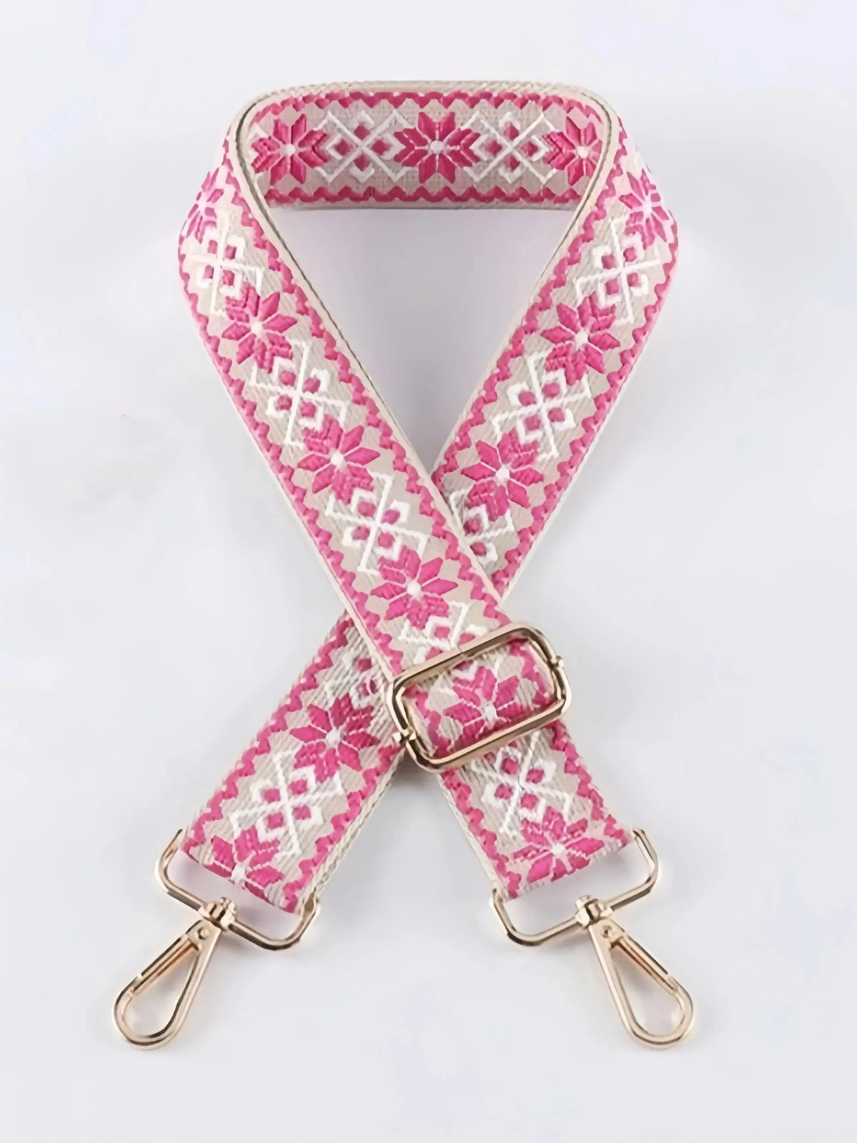 Pink and white patterned replacement bag strap with gold-toned adjustable buckles
