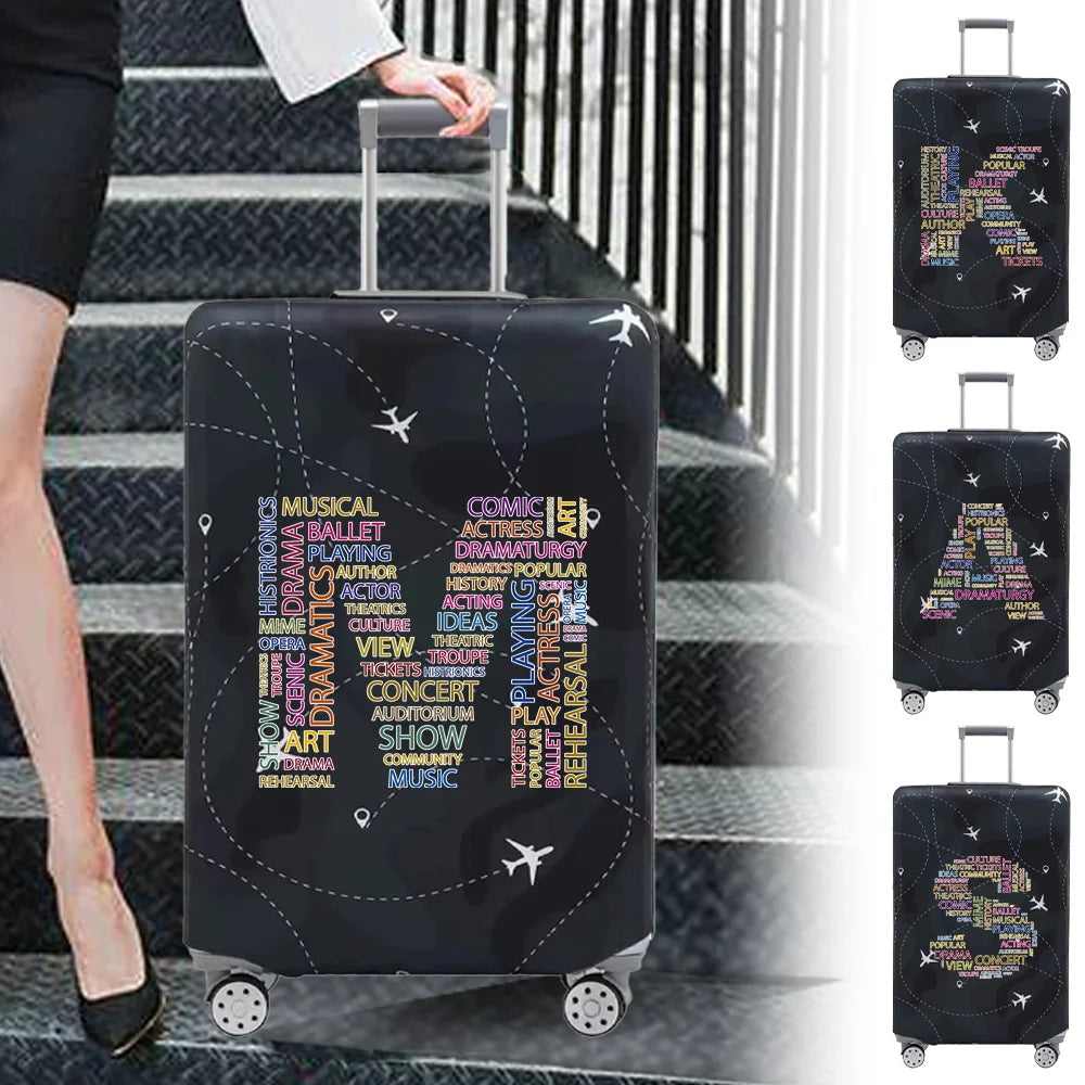 A black stretch fabric luggage protection cover is shown on a rolling suitcase with a silver handle.
