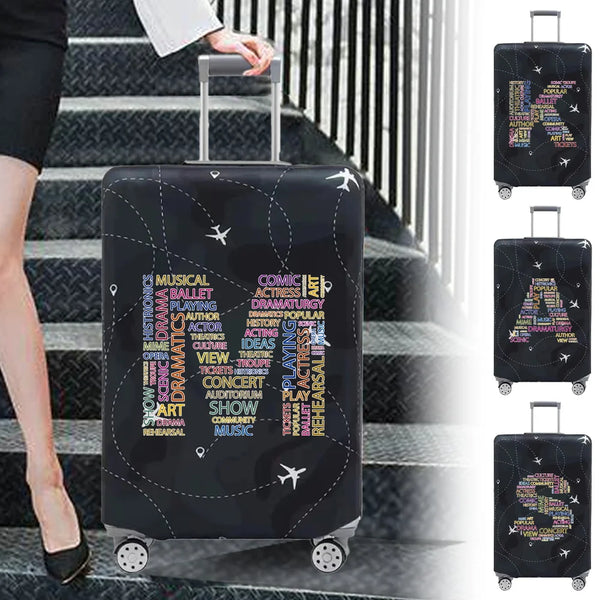 A black stretch fabric luggage protection cover is shown on a rolling suitcase with a silver handle.