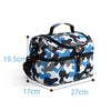 A camouflage patterned insulated double-layer lunch bag for kids with a black handle.