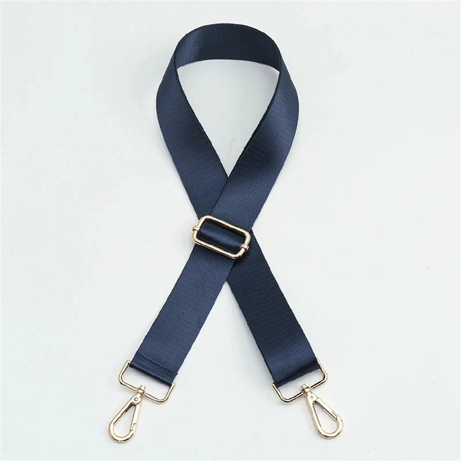 Navy nylon adjustable shoulder strap with gold hardware