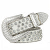 Silver decorative Western buckle belt featuring clear rhinestones and a white enamel detail.