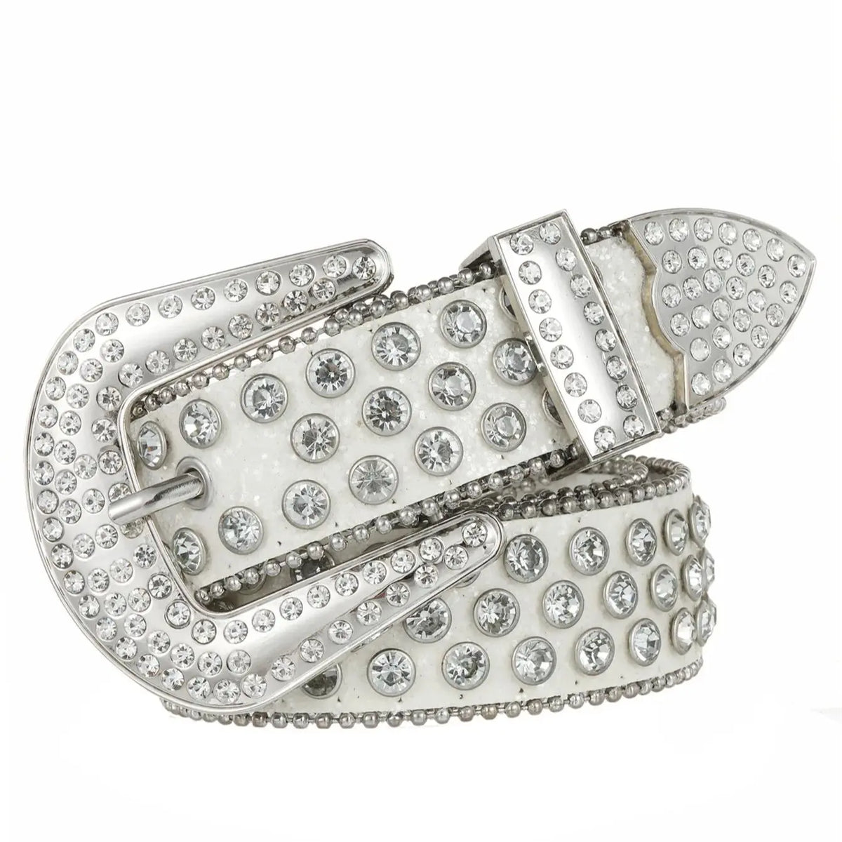 Silver decorative Western buckle belt featuring clear rhinestones and a white enamel detail.