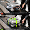 Before and after comparison showing luggage scattered during check-in with an adjustable strap for secure packing