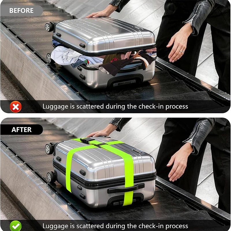 Before and after comparison showing luggage scattered during check-in with an adjustable strap for secure packing