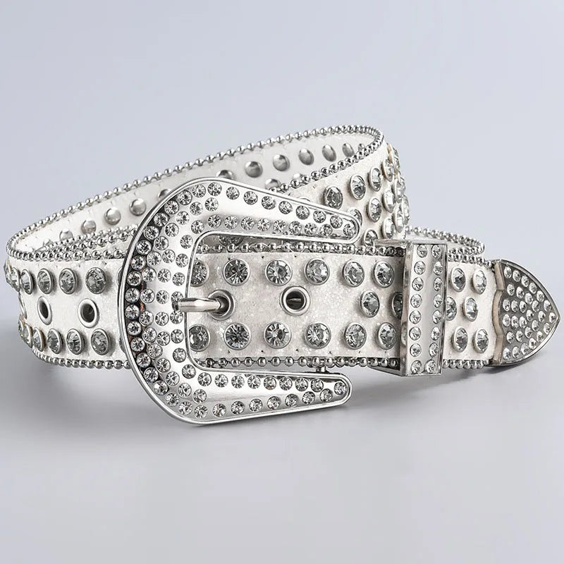 Silver decorative Western buckle belt adorned with clear rhinestones and silver studs.