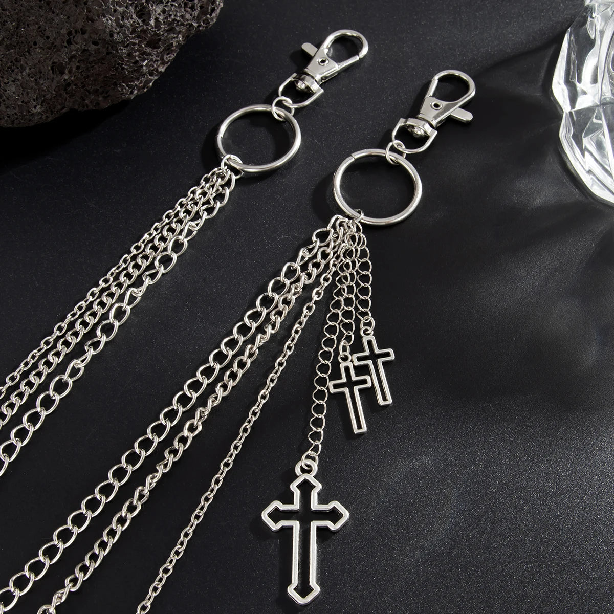 Silver punk star chain belt featuring a chain and cross pendants