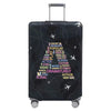 A black stretch fabric luggage protection cover with silver handles and wheels.