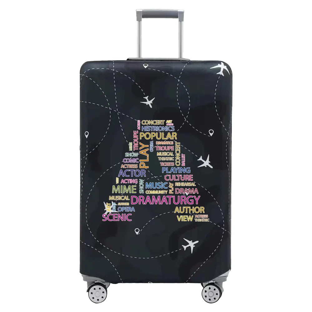A black stretch fabric luggage protection cover with silver handles and wheels.
