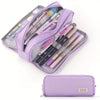 A purple pencil case filled with various pens and pencils, shown next to a separate lavender zippered pouch.