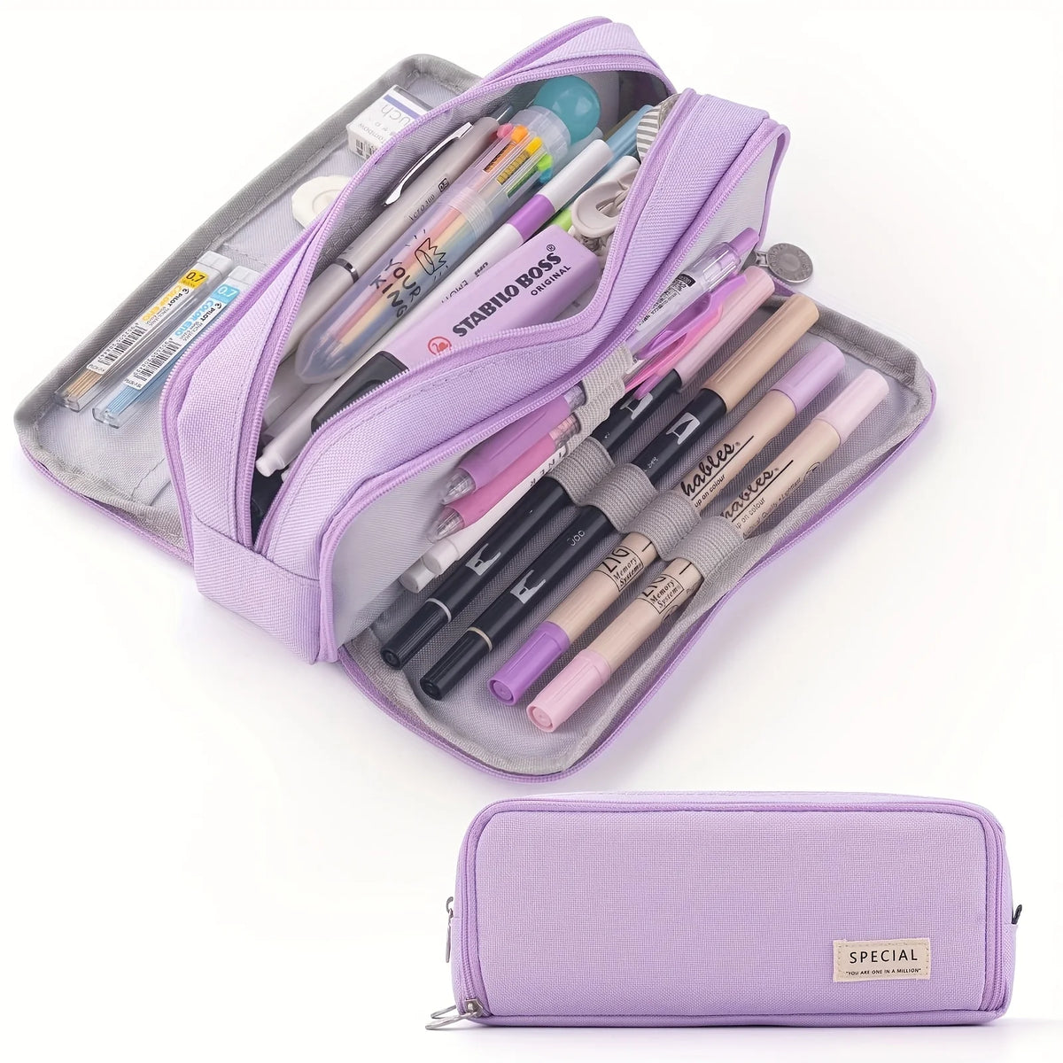 A purple pencil case filled with various pens and pencils, shown next to a separate lavender zippered pouch.