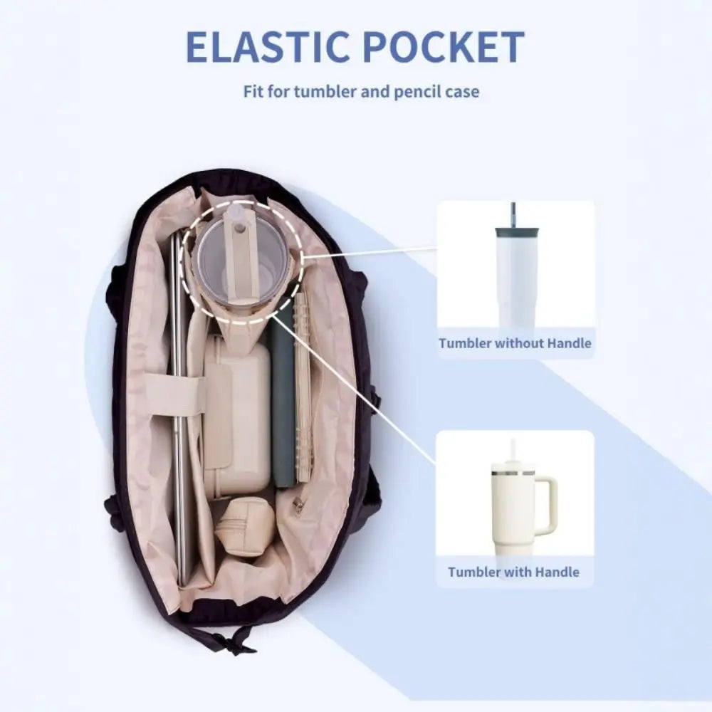 A quilted padded tote bag designed for a elastic pocket, showing examples of tumblers with and without handles.