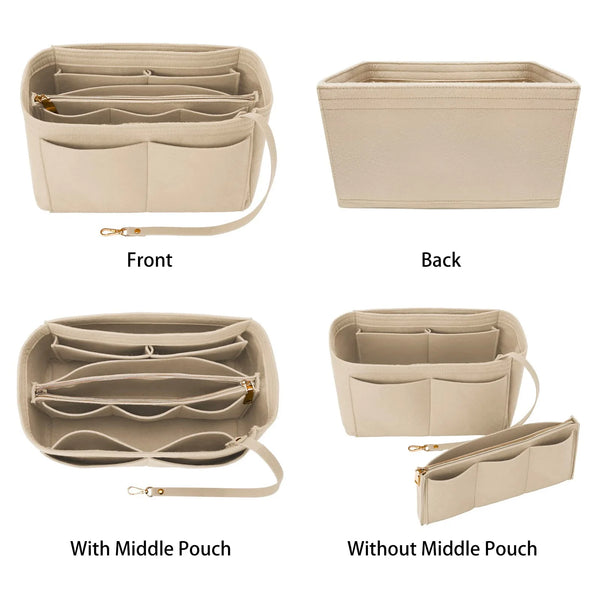 A felt purse organizer insert shown from the front and back, with and without a middle pouch.