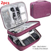 A purple portable digital organizer storage pouch with a clear lid showing various electronic accessories inside.