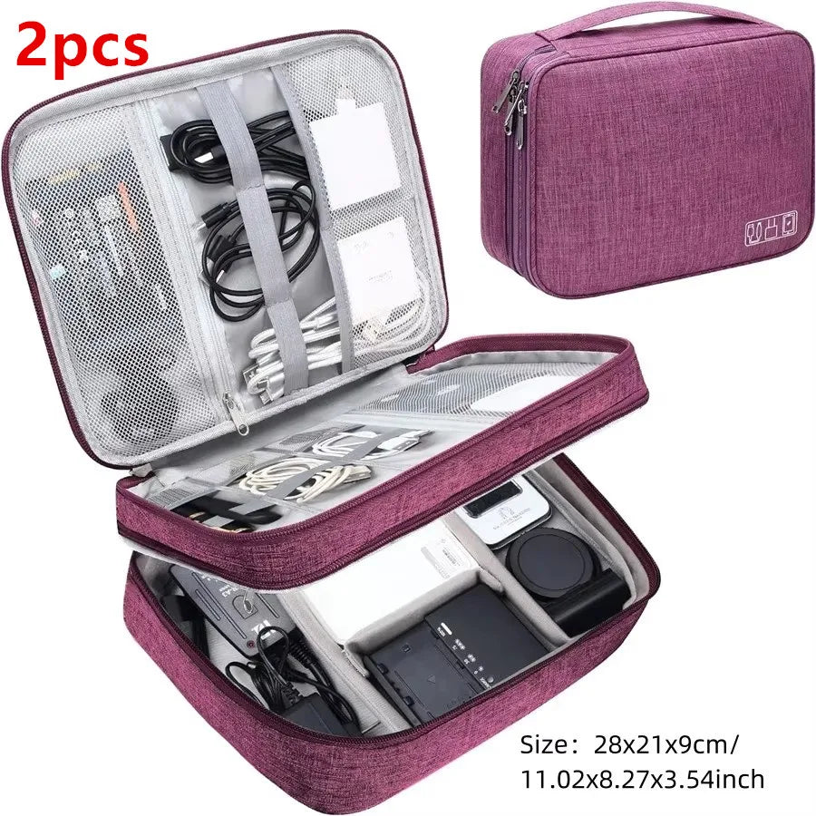 A purple portable digital organizer storage pouch with a clear lid showing various electronic accessories inside.