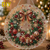 A DIY Christmas wreath made of glitter, red berries, pine branches, and ornaments with a lace edge.