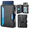 Cartera de tarjetas para hombre minimalista y delgada de color negro con protección RFID y ranura transparente, junto a una f