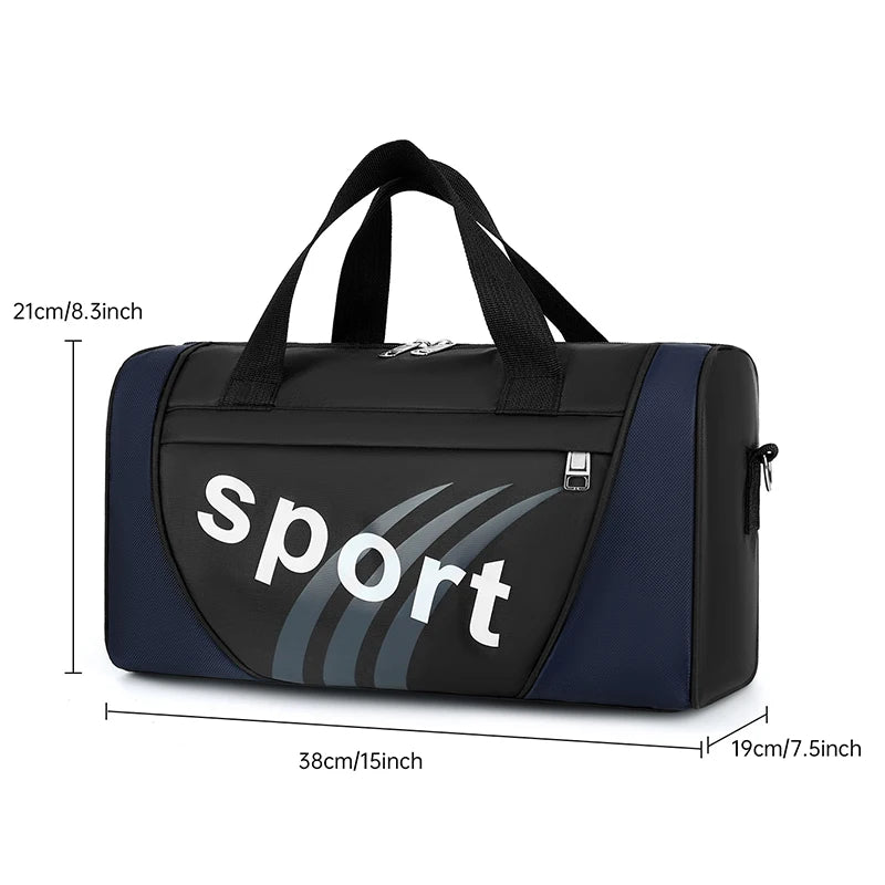A navy blue and black sports travel backpack with black straps and a silver logo.