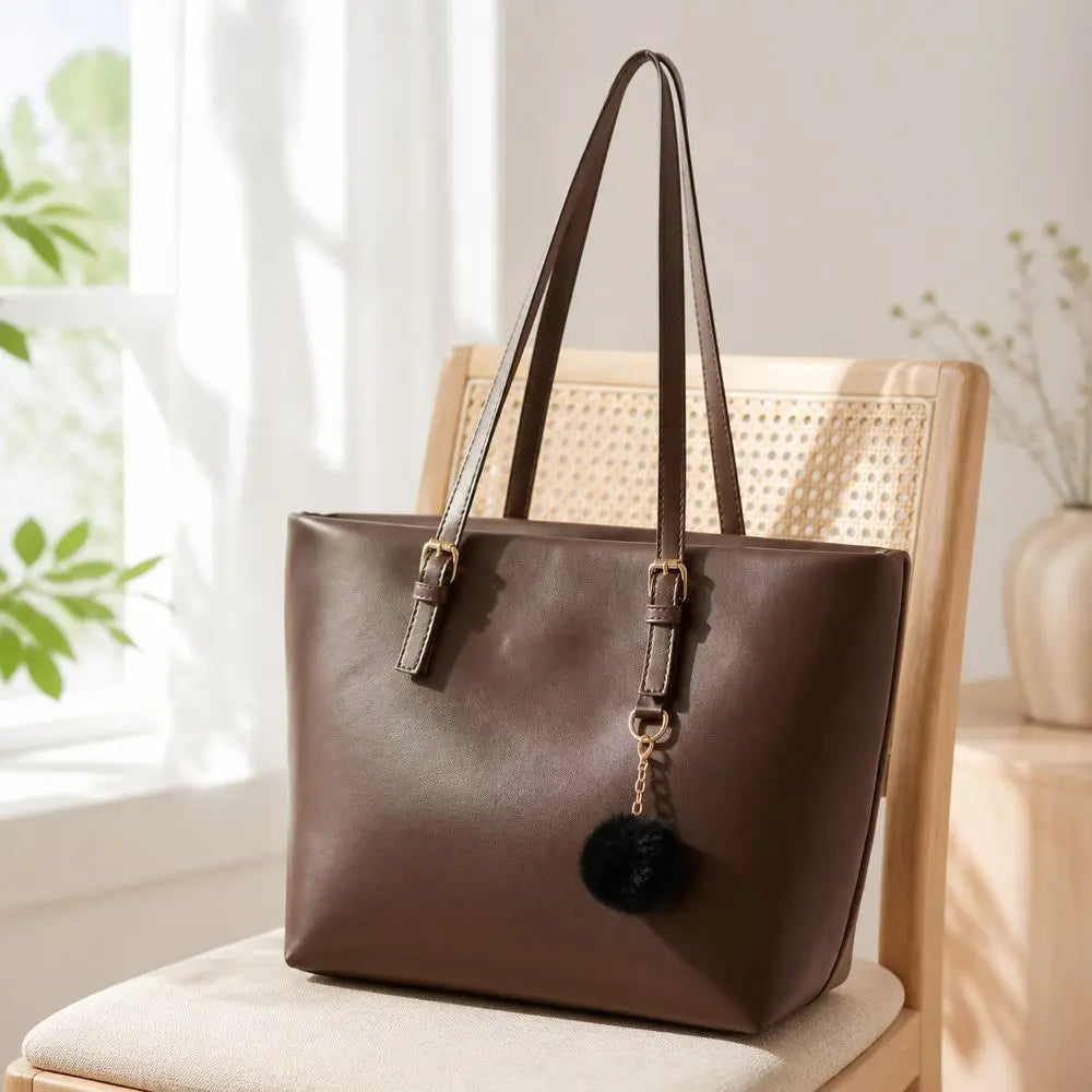 Bolso de hombro de cuero PU marrón con cadena dorada y adorno de pompon negro sobre una silla de madera.