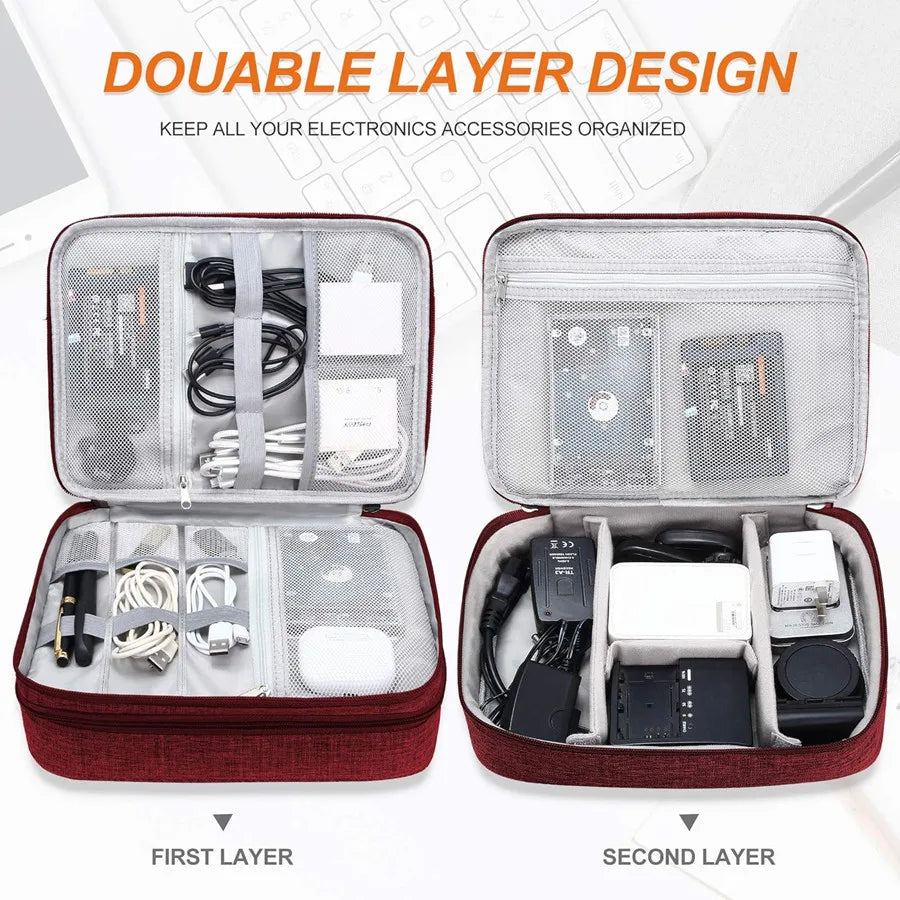 A portable digital organizer storage pouch shown in two layers, demonstrating a double layer design for keeping electronics a