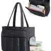 Black insulated multi-pocket work tote bag with a laptop compartment and accessories.