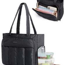 Black insulated multi-pocket work tote bag with a laptop compartment and accessories.