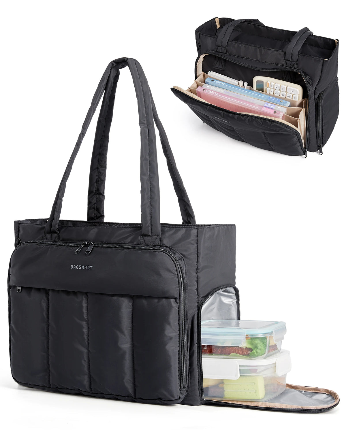 Black insulated multi-pocket work tote bag with a laptop compartment and accessories.
