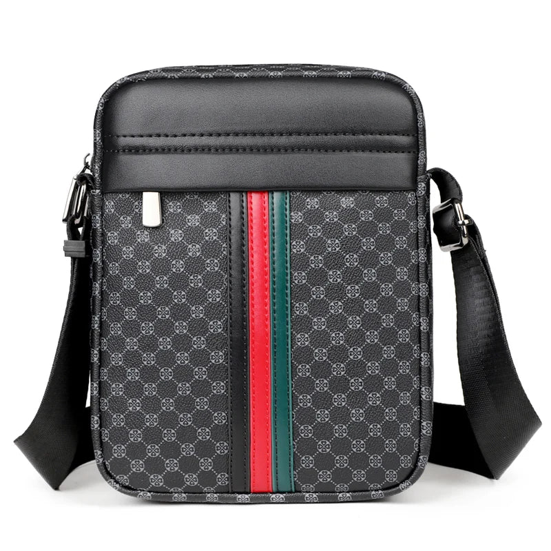 Bolso cruz de cuero negro a cuadros con rayas rojas y verdes sobre fondo negro