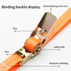 Close-up view of a binding buckle display on an orange polyester webbing strap with a solid shaft and fuse.