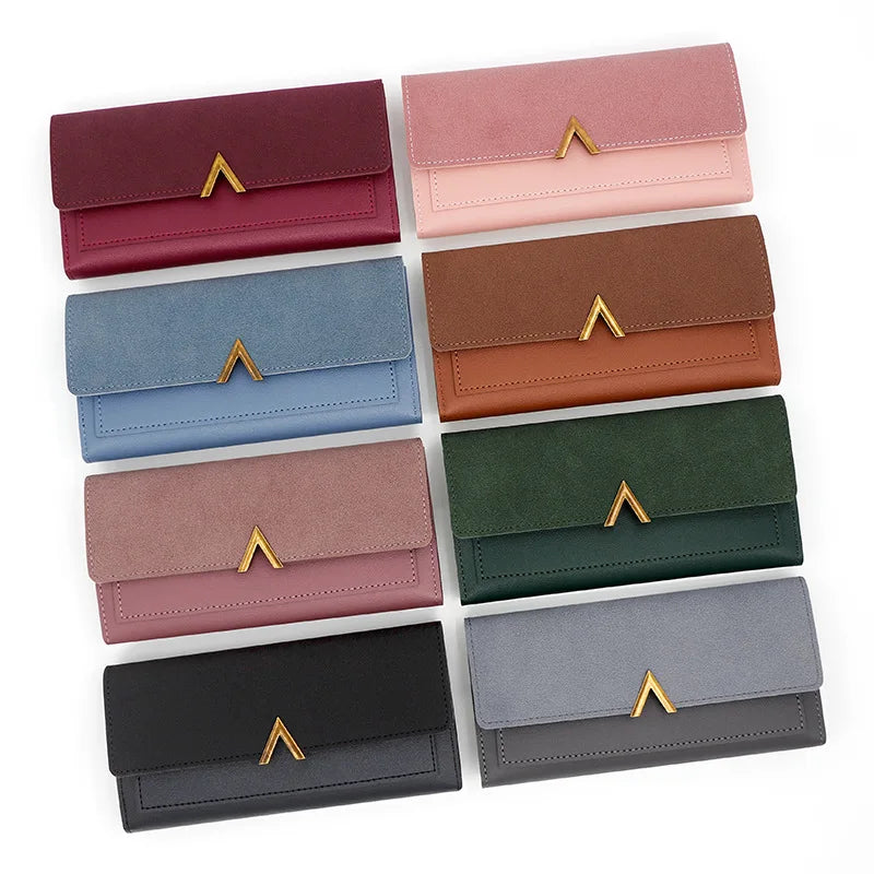 A collection of ten tri-fold PU card holder wallets in various shades of pink, purple, brown, and gray.