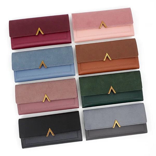 A collection of ten tri-fold PU card holder wallets in various shades of pink, purple, brown, and gray.