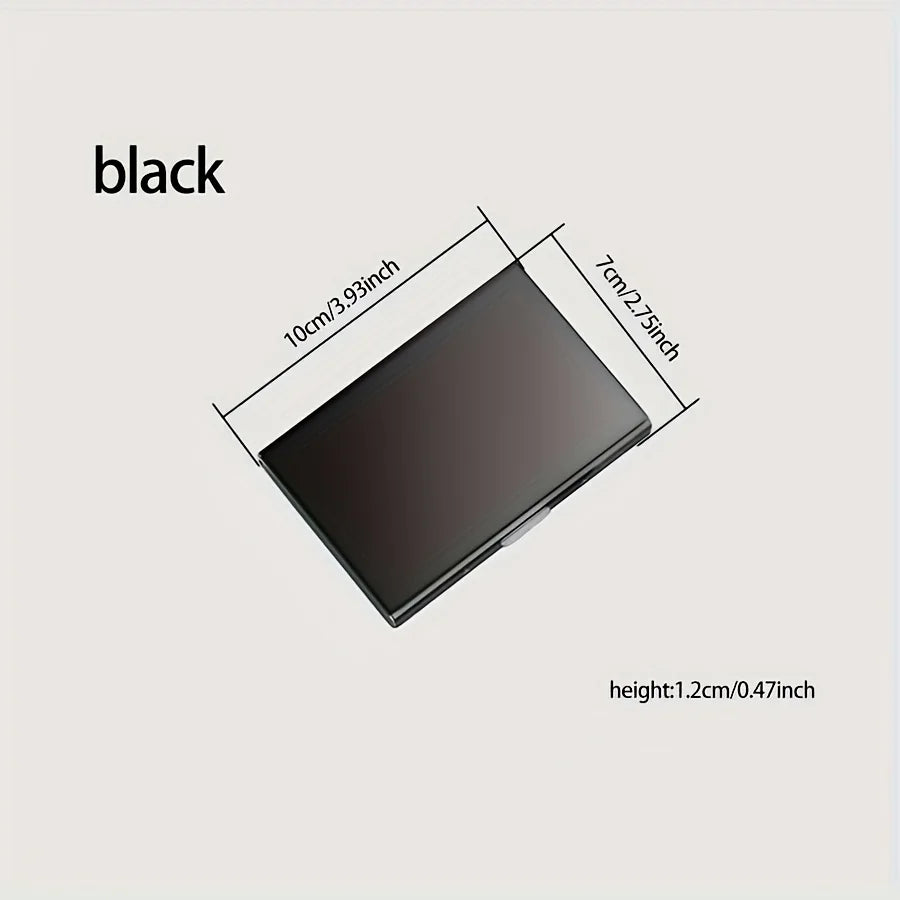 Schwarze Metal-RFID-Kreditkarten-Wallet von oben, Maße 10cm x 7cm.