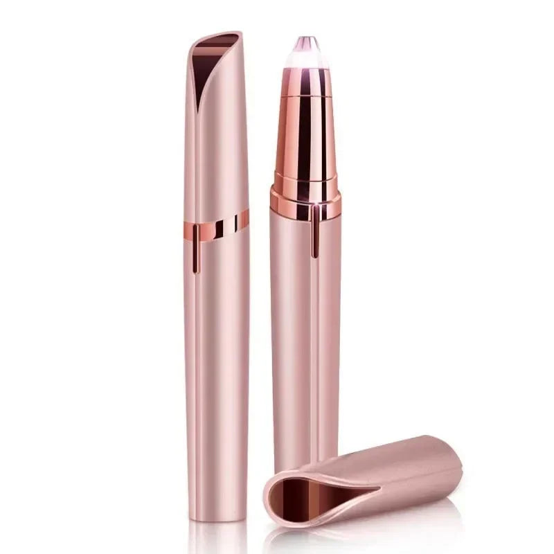 A sleek, rose gold precision electric eyebrow trimmer with a metallic cap shown against a white background.