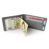 A gray leather bifold wallet is shown open, displaying cash and cards.
