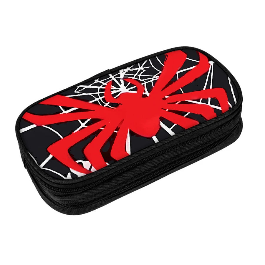 A black pencil case with a red spider web design on the exterior.