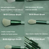 Una colección de seis brochas de maquillaje profesionales, incluyendo brochas para polvo, base, contorno, rubor, iluminador y