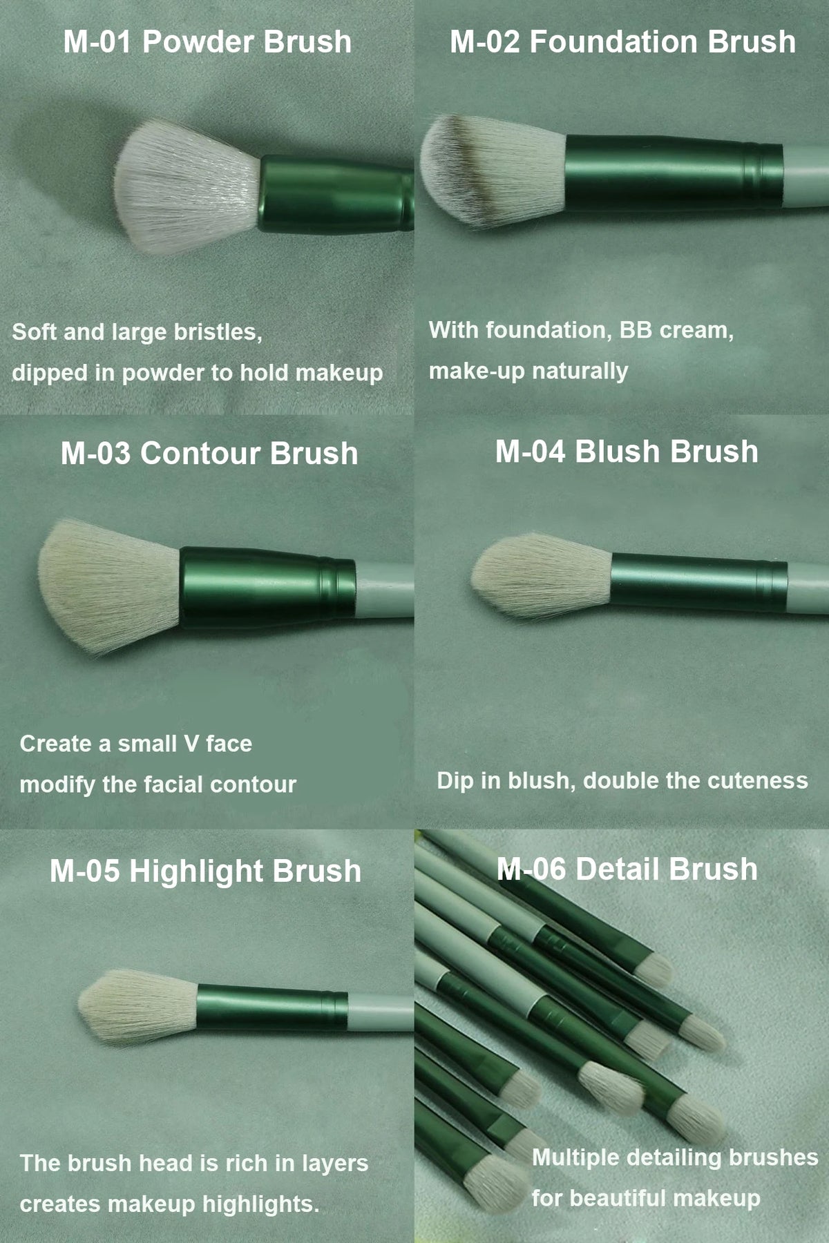 Una colección de seis brochas de maquillaje profesionales, incluyendo brochas para polvo, base, contorno, rubor, iluminador y
